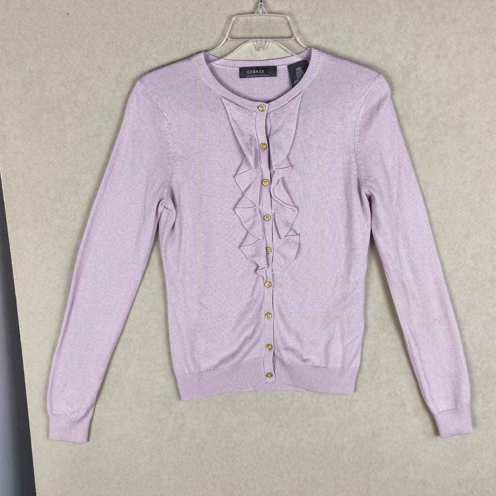 George ME Silk Cashmere Blend Cardigan Small Lavender Ruffle Button‎ Front